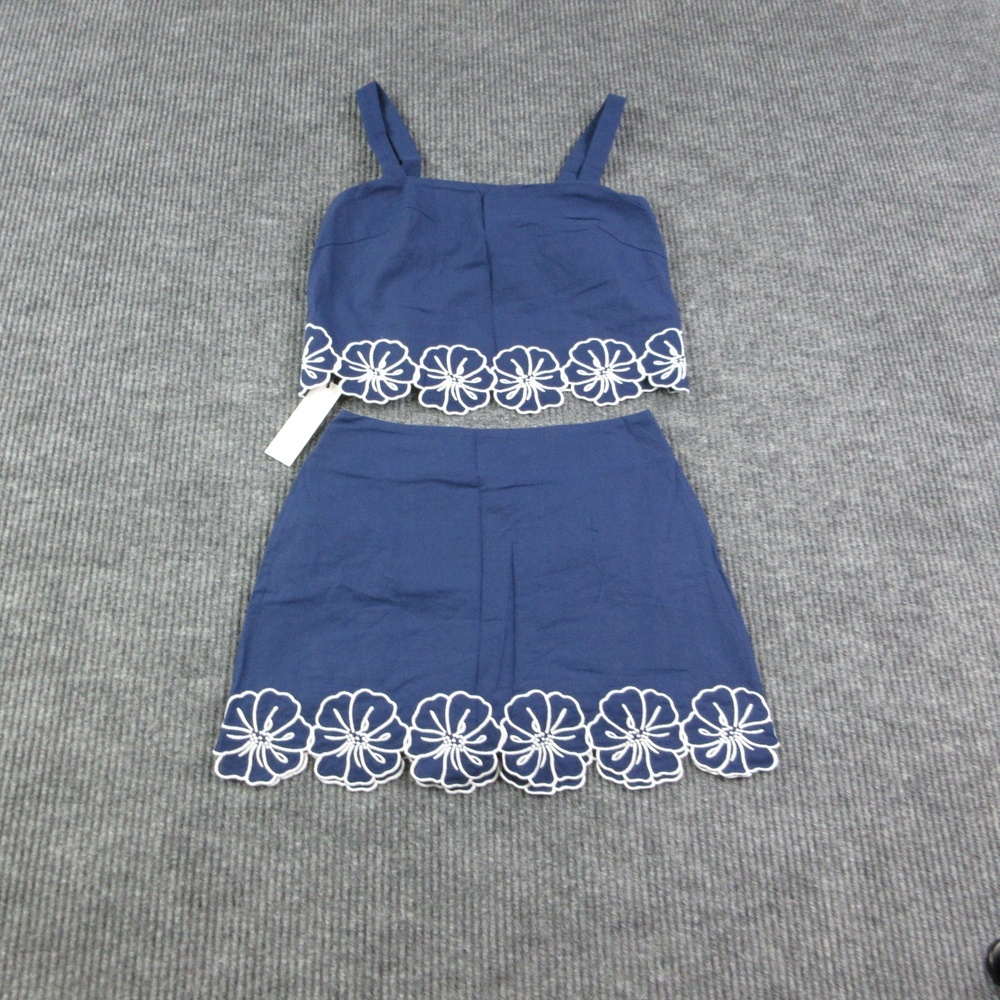 COMMENSE Outfit Set Womens XS Blue Floral Tank Skirt 2 Piece Embroidered NWT